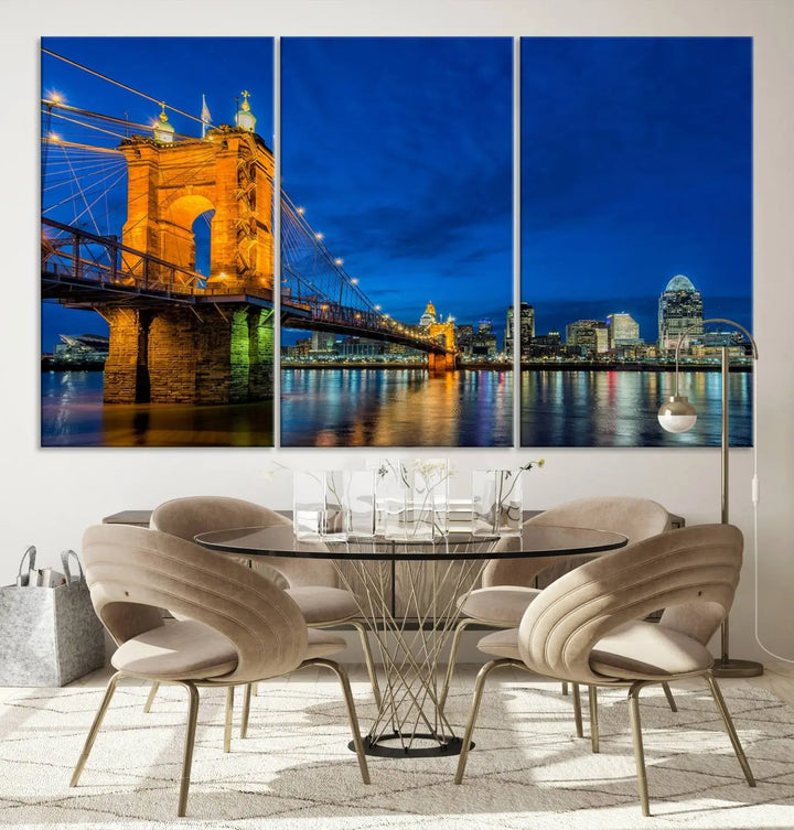 The living room features a museum-quality, multi-panel wall art titled "Cincinnati City Bridge Lights Night Skyline Cityscape View Wall Art Canvas Print," which depicts a lit-up bridge at night. The gallery-wrapped canvas adds a touch of elegance to the space.