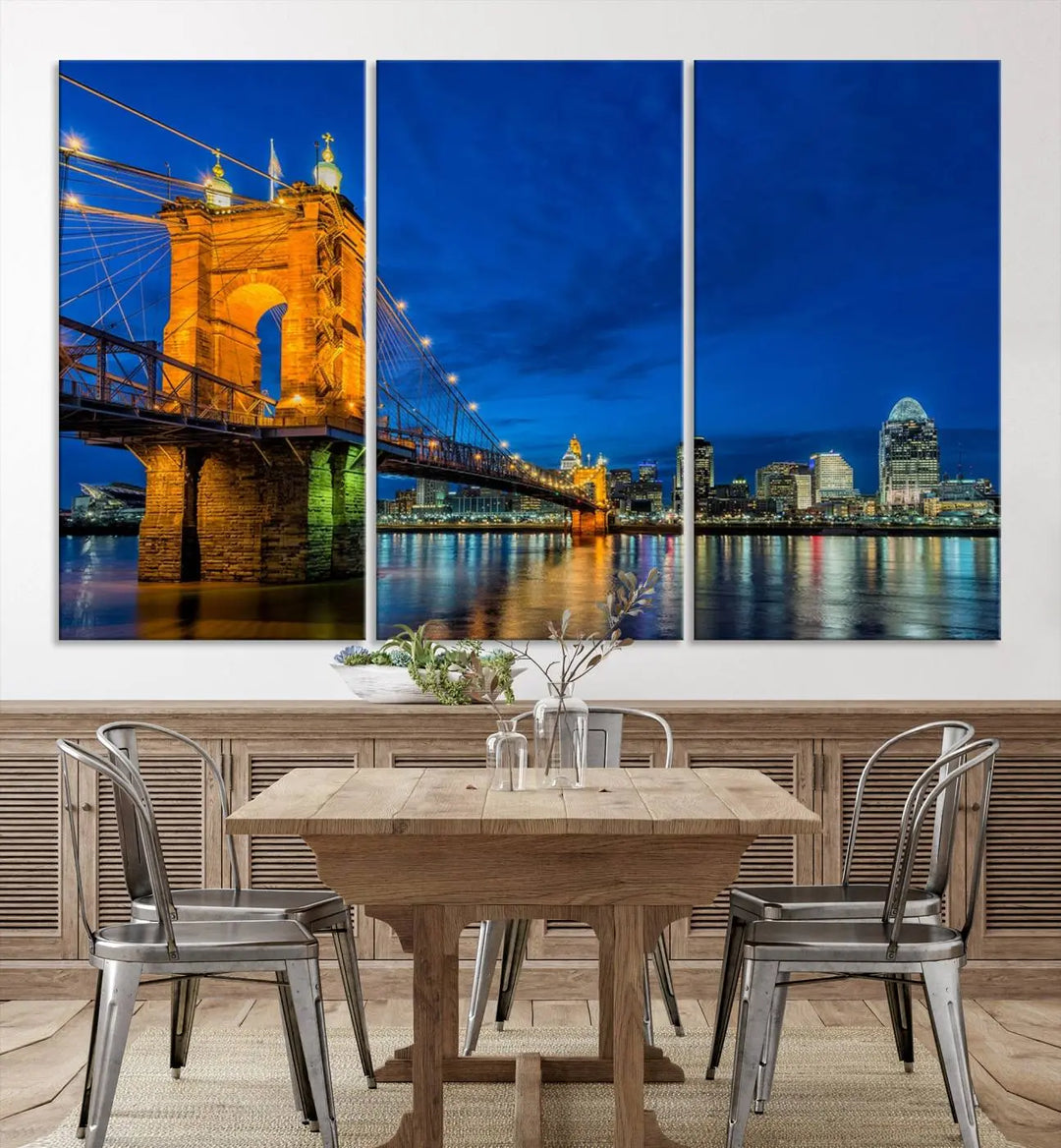 The living room features a museum-quality, multi-panel wall art titled "Cincinnati City Bridge Lights Night Skyline Cityscape View Wall Art Canvas Print," which depicts a lit-up bridge at night. The gallery-wrapped canvas adds a touch of elegance to the space.