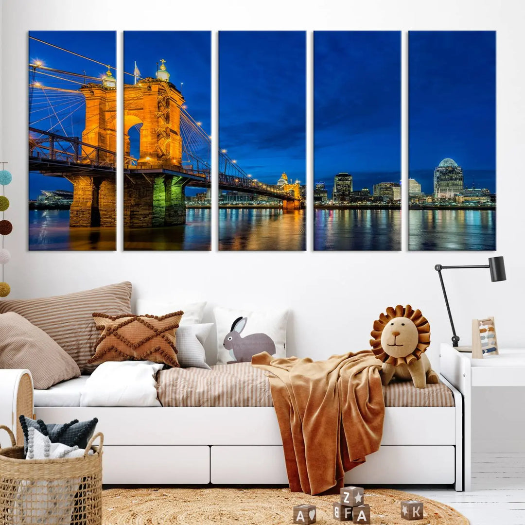 The living room features a museum-quality, multi-panel wall art titled "Cincinnati City Bridge Lights Night Skyline Cityscape View Wall Art Canvas Print," which depicts a lit-up bridge at night. The gallery-wrapped canvas adds a touch of elegance to the space.