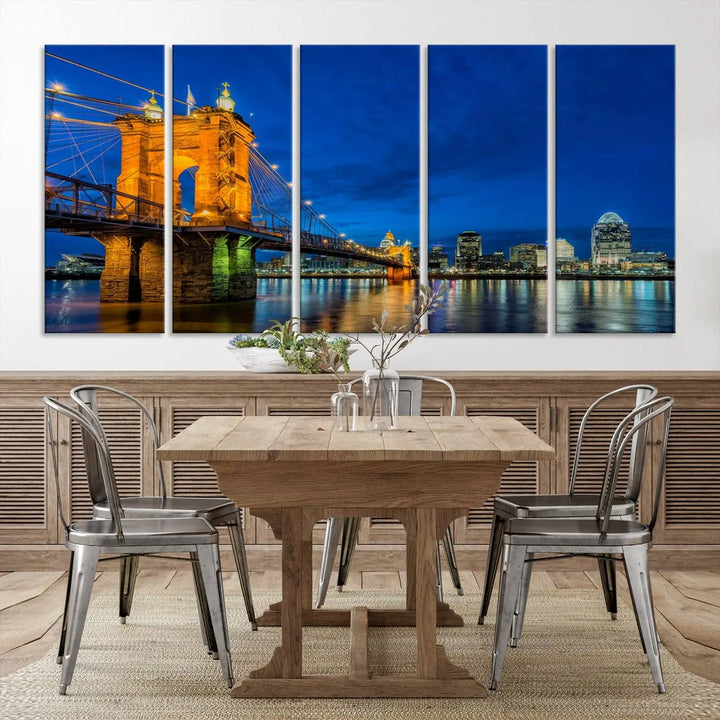 The living room features a museum-quality, multi-panel wall art titled "Cincinnati City Bridge Lights Night Skyline Cityscape View Wall Art Canvas Print," which depicts a lit-up bridge at night. The gallery-wrapped canvas adds a touch of elegance to the space.