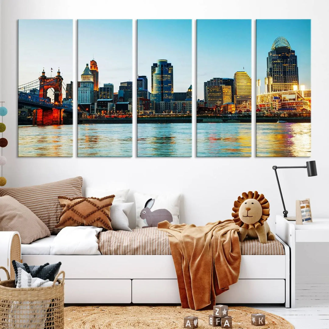 The "Cincinnati City Lights Bright Blue Skyline Cityscape View Wall Art Canvas Print" is a stunning triptych crafted on museum-quality canvas with a UV-protective coating to maintain its vivid colors. Ready to hang, it effortlessly elevates any space with its timeless allure.