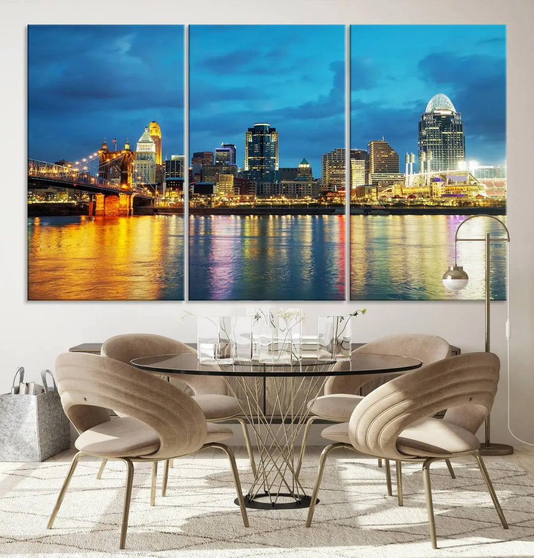 Displayed on a museum-quality canvas, the "Cincinnati City Lights Night Blue Skyline Cityscape View Wall Art Canvas Print" captures the city skyline's reflection in water at night.