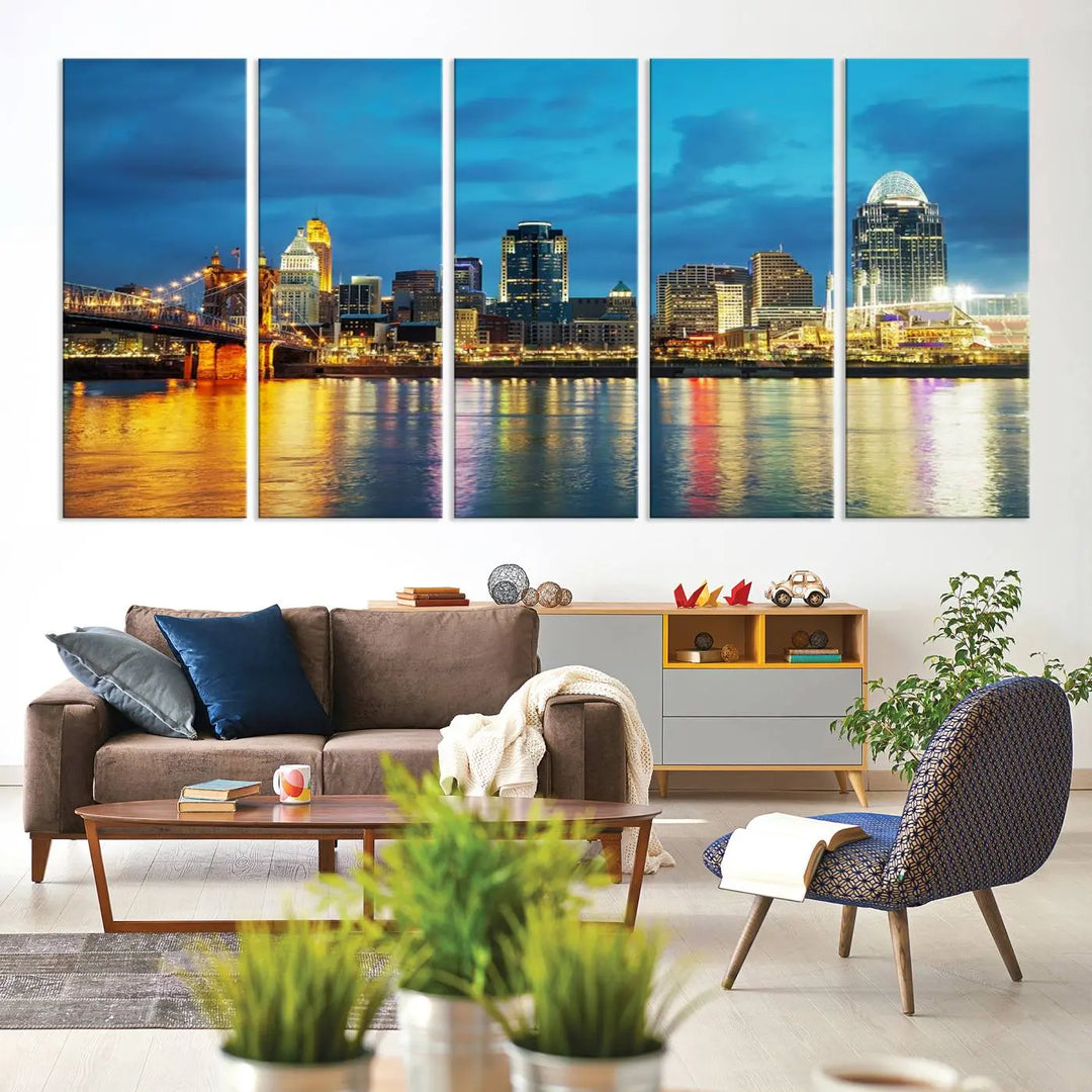 Displayed on a museum-quality canvas, the "Cincinnati City Lights Night Blue Skyline Cityscape View Wall Art Canvas Print" captures the city skyline's reflection in water at night.