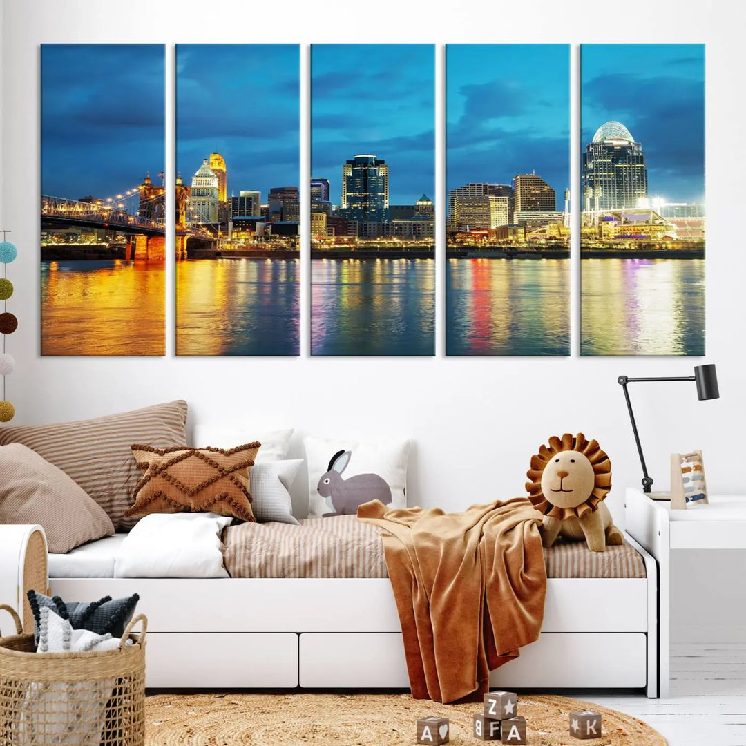 Displayed on a museum-quality canvas, the "Cincinnati City Lights Night Blue Skyline Cityscape View Wall Art Canvas Print" captures the city skyline's reflection in water at night.