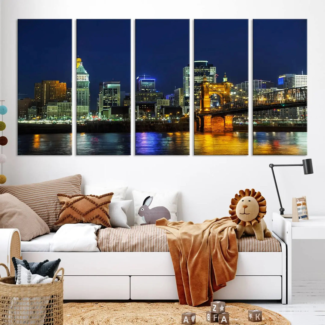 The "Cincinnati City Lights Night Skyline Cityscape" canvas print, displayed above a sofa, exhibits museum-quality craftsmanship with a UV-protective coating.