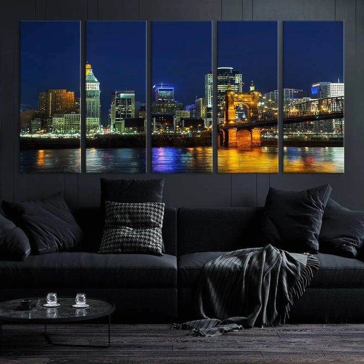 The "Cincinnati City Lights Night Skyline Cityscape" canvas print, displayed above a sofa, exhibits museum-quality craftsmanship with a UV-protective coating.