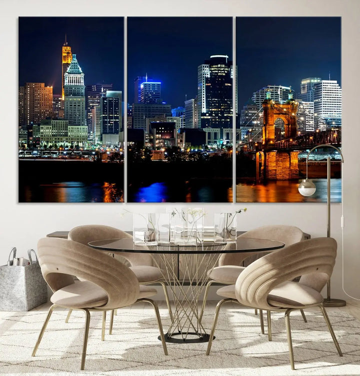 The "Cincinnati City Lights Night Skyline Cityscape View" wall art is displayed on museum-quality canvas with a UV-protective coating for lasting durability.