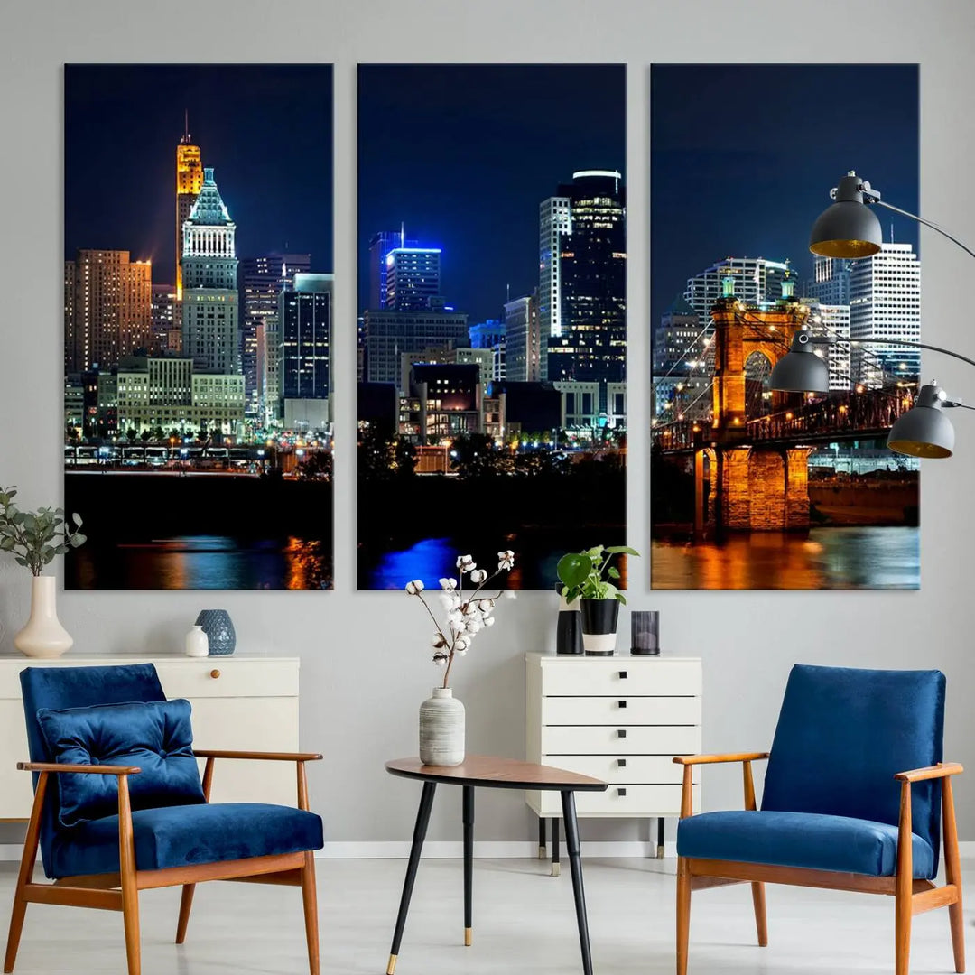 The "Cincinnati City Lights Night Skyline Cityscape View" wall art is displayed on museum-quality canvas with a UV-protective coating for lasting durability.