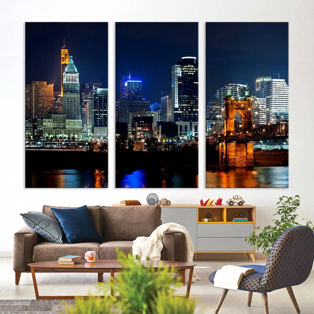 The "Cincinnati City Lights Night Skyline Cityscape View" wall art is displayed on museum-quality canvas with a UV-protective coating for lasting durability.