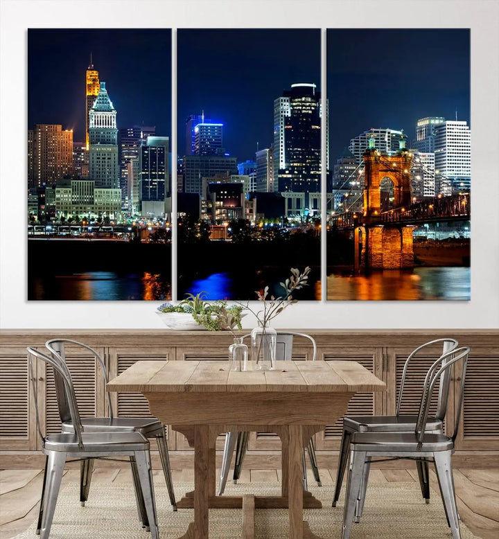 The "Cincinnati City Lights Night Skyline Cityscape View" wall art is displayed on museum-quality canvas with a UV-protective coating for lasting durability.