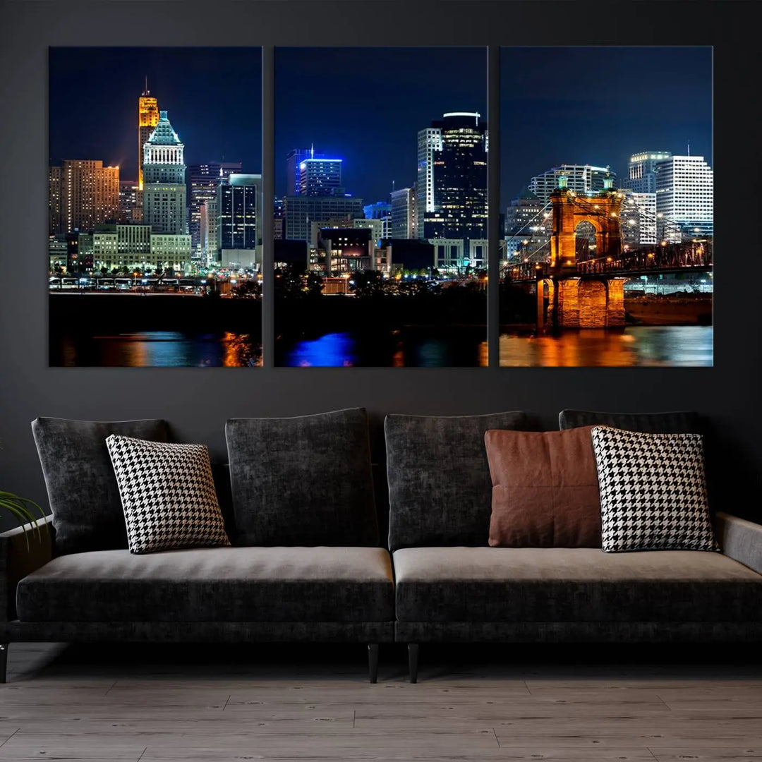 The "Cincinnati City Lights Night Skyline Cityscape View" wall art is displayed on museum-quality canvas with a UV-protective coating for lasting durability.