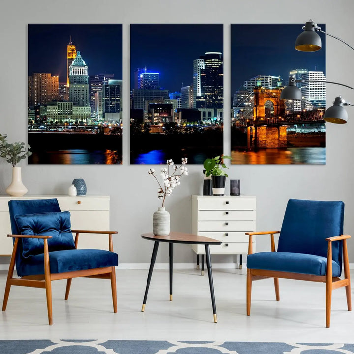 The "Cincinnati City Lights Night Skyline Cityscape View" wall art is displayed on museum-quality canvas with a UV-protective coating for lasting durability.