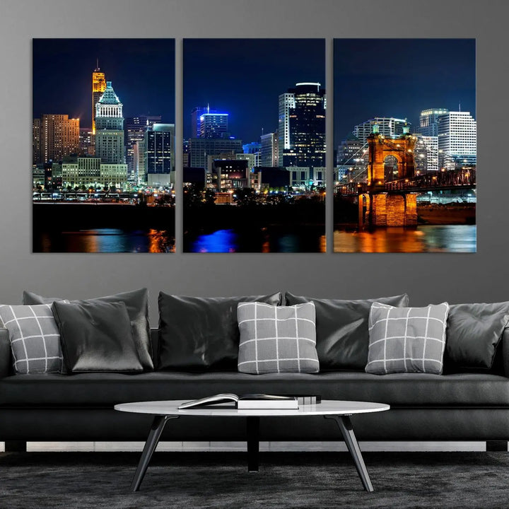 The "Cincinnati City Lights Night Skyline Cityscape View" wall art is displayed on museum-quality canvas with a UV-protective coating for lasting durability.