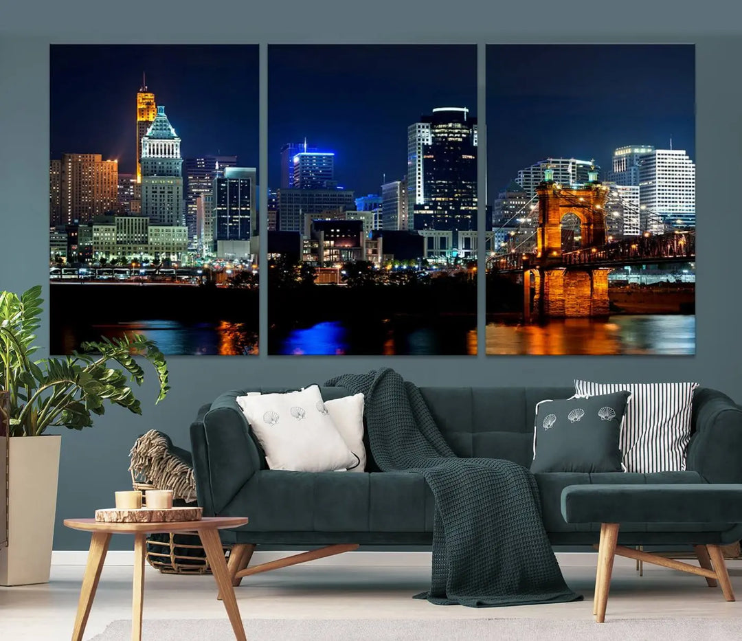 The "Cincinnati City Lights Night Skyline Cityscape View" wall art is displayed on museum-quality canvas with a UV-protective coating for lasting durability.