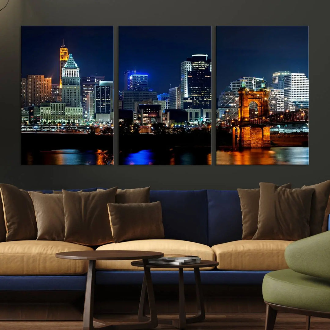 The "Cincinnati City Lights Night Skyline Cityscape View" wall art is displayed on museum-quality canvas with a UV-protective coating for lasting durability.