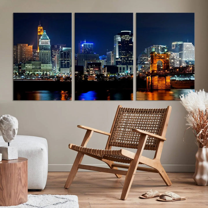 The "Cincinnati City Lights Night Skyline Cityscape View" wall art is displayed on museum-quality canvas with a UV-protective coating for lasting durability.