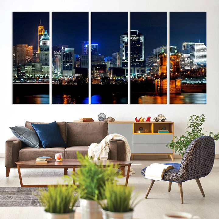 The "Cincinnati City Lights Night Skyline Cityscape View" wall art is displayed on museum-quality canvas with a UV-protective coating for lasting durability.