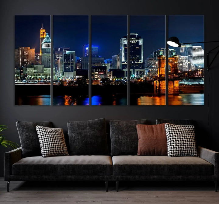 The "Cincinnati City Lights Night Skyline Cityscape View" wall art is displayed on museum-quality canvas with a UV-protective coating for lasting durability.