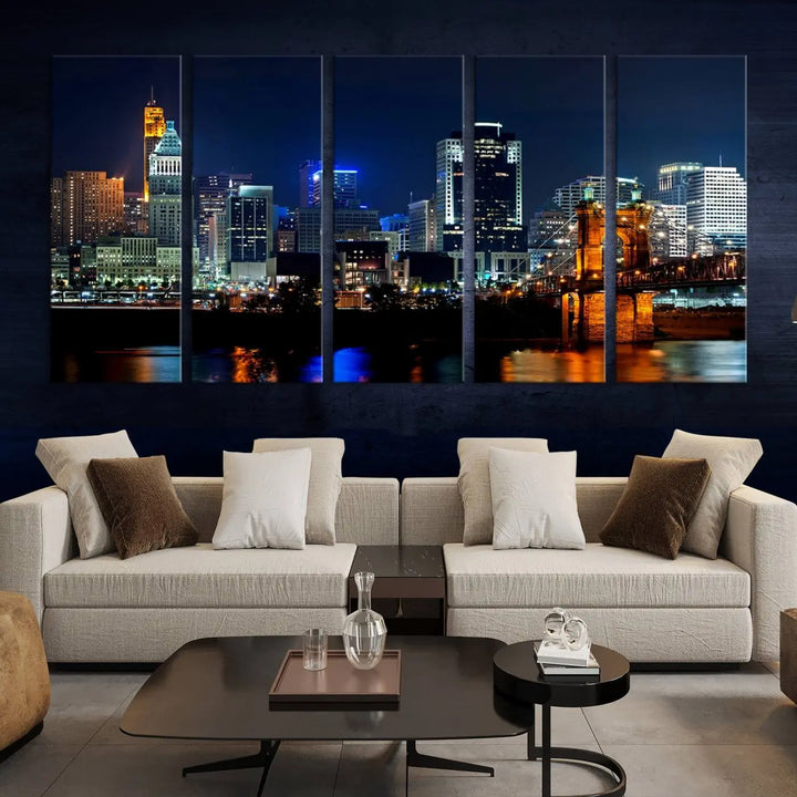 The "Cincinnati City Lights Night Skyline Cityscape View" wall art is displayed on museum-quality canvas with a UV-protective coating for lasting durability.