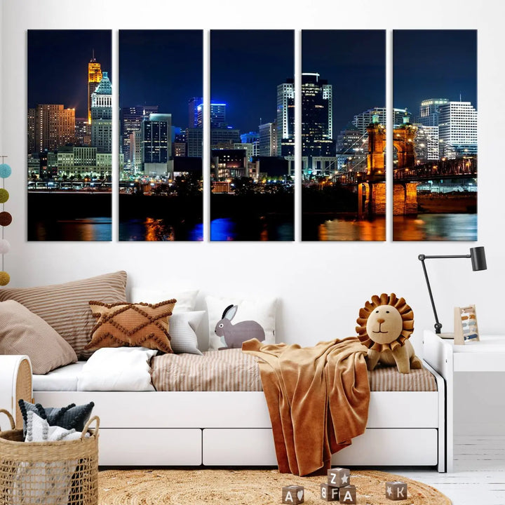 The "Cincinnati City Lights Night Skyline Cityscape View" wall art is displayed on museum-quality canvas with a UV-protective coating for lasting durability.