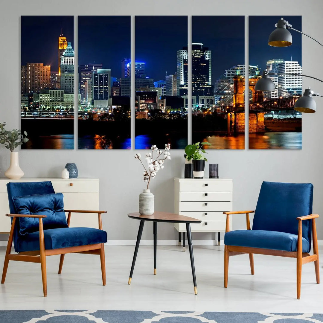 The "Cincinnati City Lights Night Skyline Cityscape View" wall art is displayed on museum-quality canvas with a UV-protective coating for lasting durability.