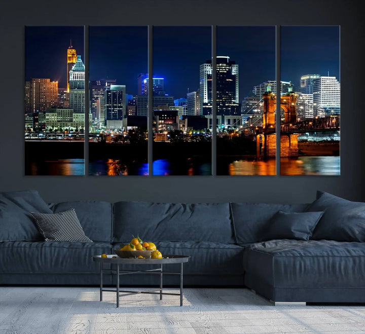 The "Cincinnati City Lights Night Skyline Cityscape View" wall art is displayed on museum-quality canvas with a UV-protective coating for lasting durability.