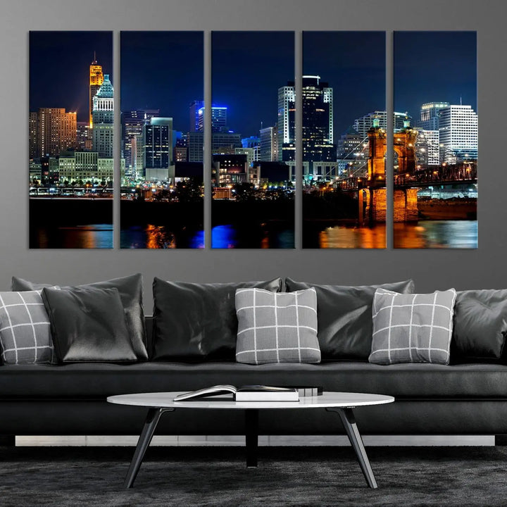 The "Cincinnati City Lights Night Skyline Cityscape View" wall art is displayed on museum-quality canvas with a UV-protective coating for lasting durability.