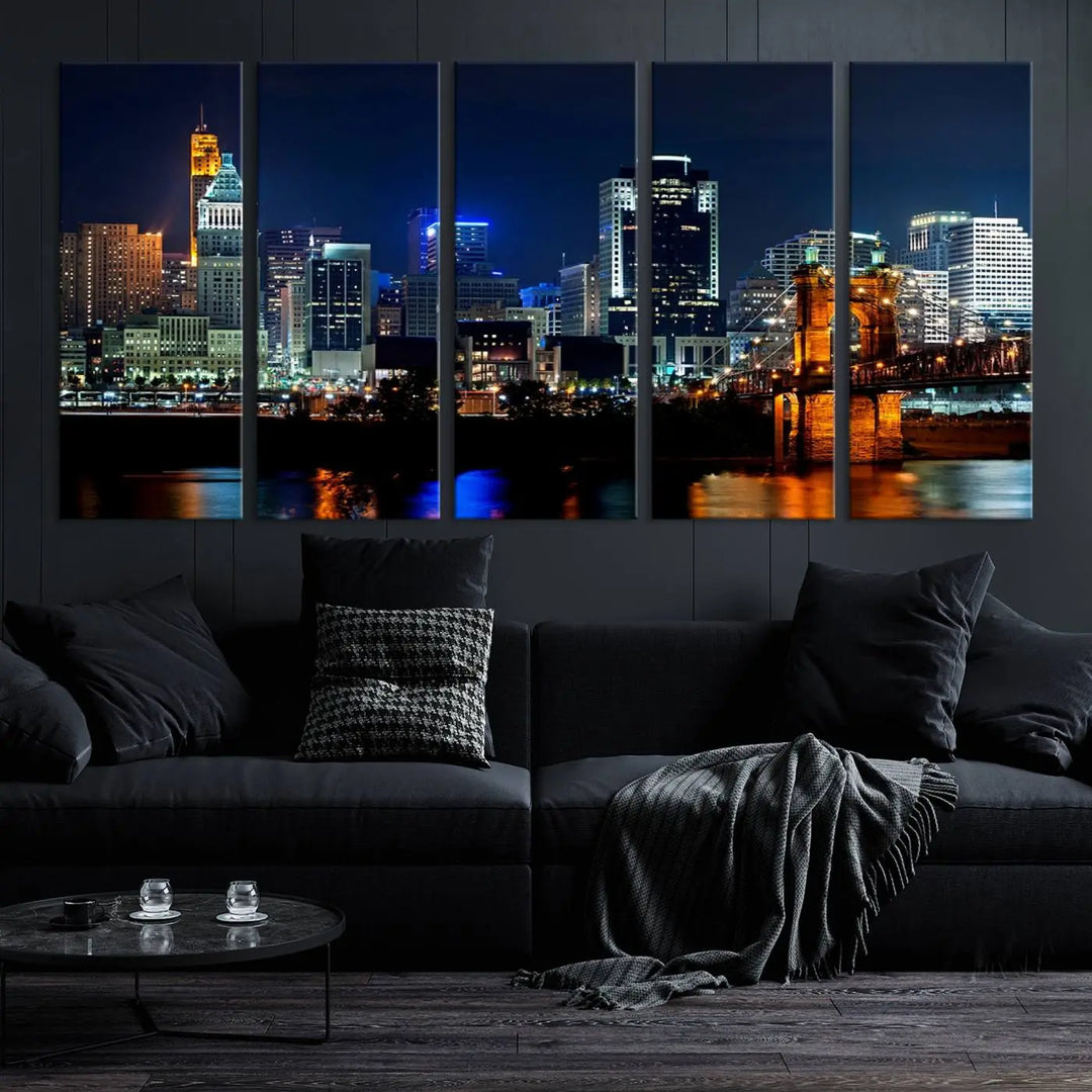 The "Cincinnati City Lights Night Skyline Cityscape View" wall art is displayed on museum-quality canvas with a UV-protective coating for lasting durability.