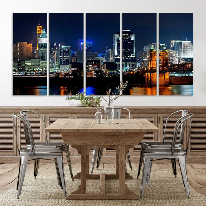 The "Cincinnati City Lights Night Skyline Cityscape View" wall art is displayed on museum-quality canvas with a UV-protective coating for lasting durability.