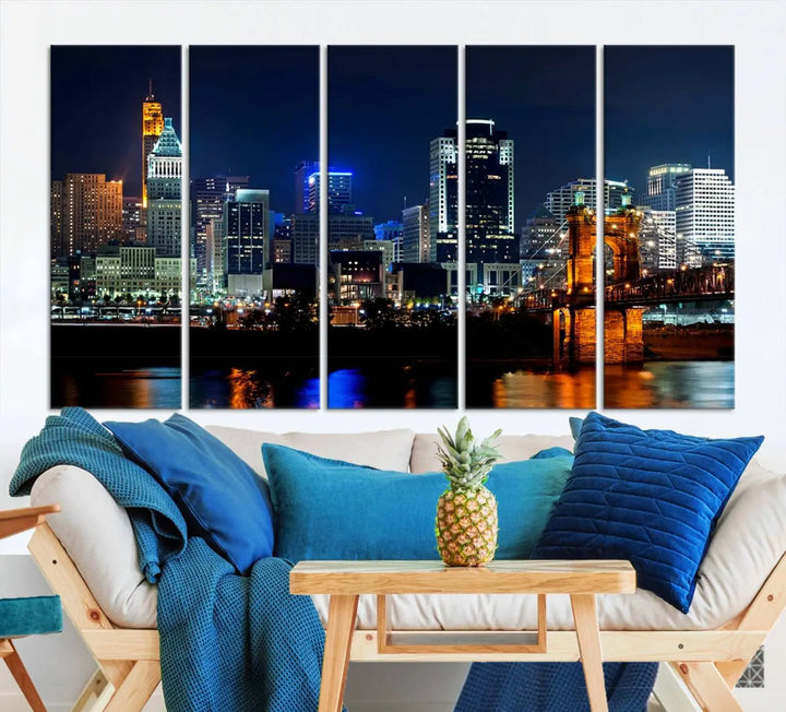 The "Cincinnati City Lights Night Skyline Cityscape View" wall art is displayed on museum-quality canvas with a UV-protective coating for lasting durability.