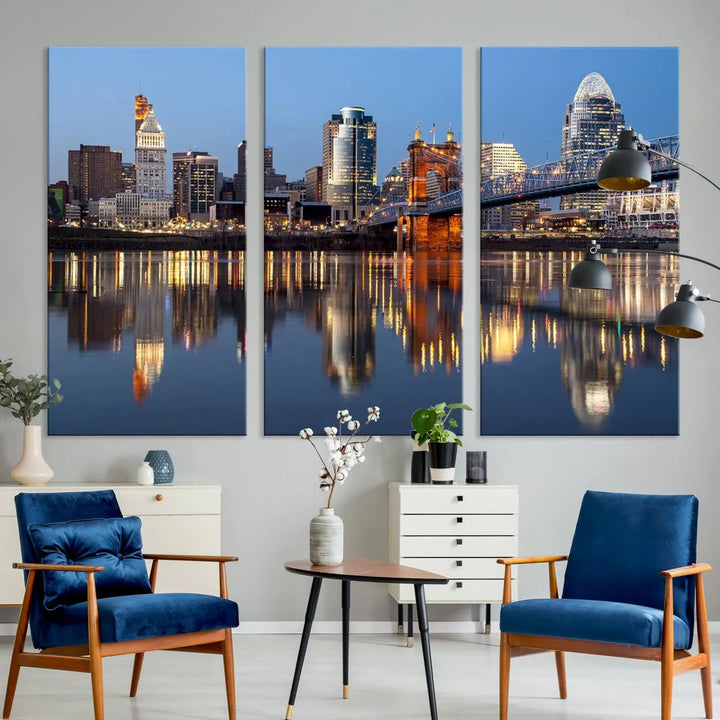 The Cincinnati City Lights Night Skyline Cityscape View Wall Art Canvas Print elegantly hangs, its vibrant reflections dancing on the water. The gallery-wrapped image is crafted on museum-quality canvas, ensuring a stunning display.