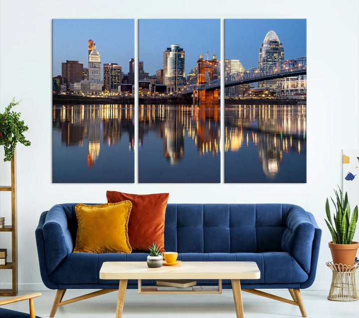 The Cincinnati City Lights Night Skyline Cityscape View Wall Art Canvas Print elegantly hangs, its vibrant reflections dancing on the water. The gallery-wrapped image is crafted on museum-quality canvas, ensuring a stunning display.