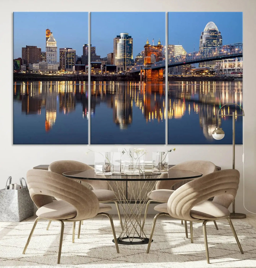 The Cincinnati City Lights Night Skyline Cityscape View Wall Art Canvas Print elegantly hangs, its vibrant reflections dancing on the water. The gallery-wrapped image is crafted on museum-quality canvas, ensuring a stunning display.