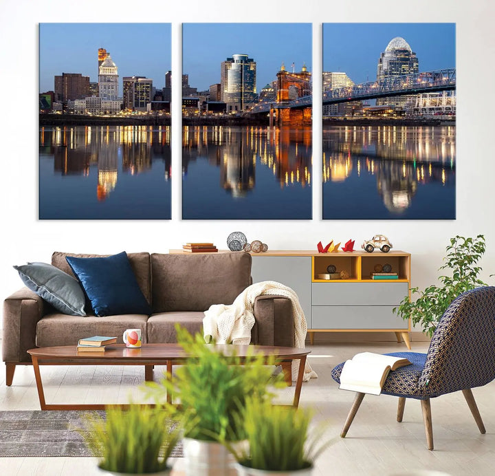 The Cincinnati City Lights Night Skyline Cityscape View Wall Art Canvas Print elegantly hangs, its vibrant reflections dancing on the water. The gallery-wrapped image is crafted on museum-quality canvas, ensuring a stunning display.