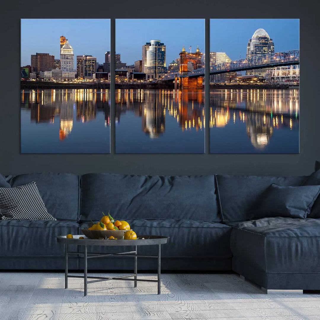 The Cincinnati City Lights Night Skyline Cityscape View Wall Art Canvas Print elegantly hangs, its vibrant reflections dancing on the water. The gallery-wrapped image is crafted on museum-quality canvas, ensuring a stunning display.