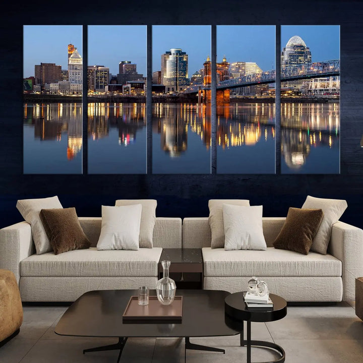 The Cincinnati City Lights Night Skyline Cityscape View Wall Art Canvas Print elegantly hangs, its vibrant reflections dancing on the water. The gallery-wrapped image is crafted on museum-quality canvas, ensuring a stunning display.