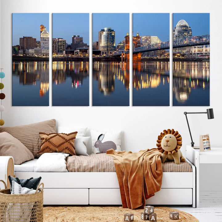 The Cincinnati City Lights Night Skyline Cityscape View Wall Art Canvas Print elegantly hangs, its vibrant reflections dancing on the water. The gallery-wrapped image is crafted on museum-quality canvas, ensuring a stunning display.