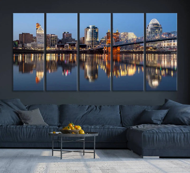 The Cincinnati City Lights Night Skyline Cityscape View Wall Art Canvas Print elegantly hangs, its vibrant reflections dancing on the water. The gallery-wrapped image is crafted on museum-quality canvas, ensuring a stunning display.