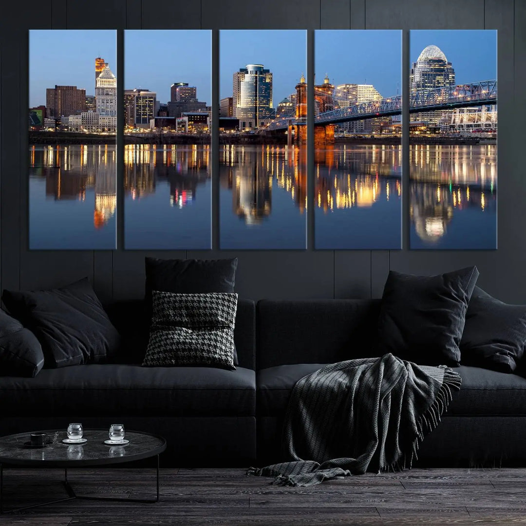 The Cincinnati City Lights Night Skyline Cityscape View Wall Art Canvas Print elegantly hangs, its vibrant reflections dancing on the water. The gallery-wrapped image is crafted on museum-quality canvas, ensuring a stunning display.