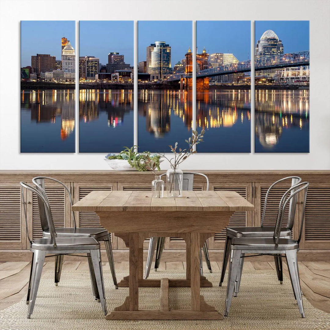 The Cincinnati City Lights Night Skyline Cityscape View Wall Art Canvas Print elegantly hangs, its vibrant reflections dancing on the water. The gallery-wrapped image is crafted on museum-quality canvas, ensuring a stunning display.