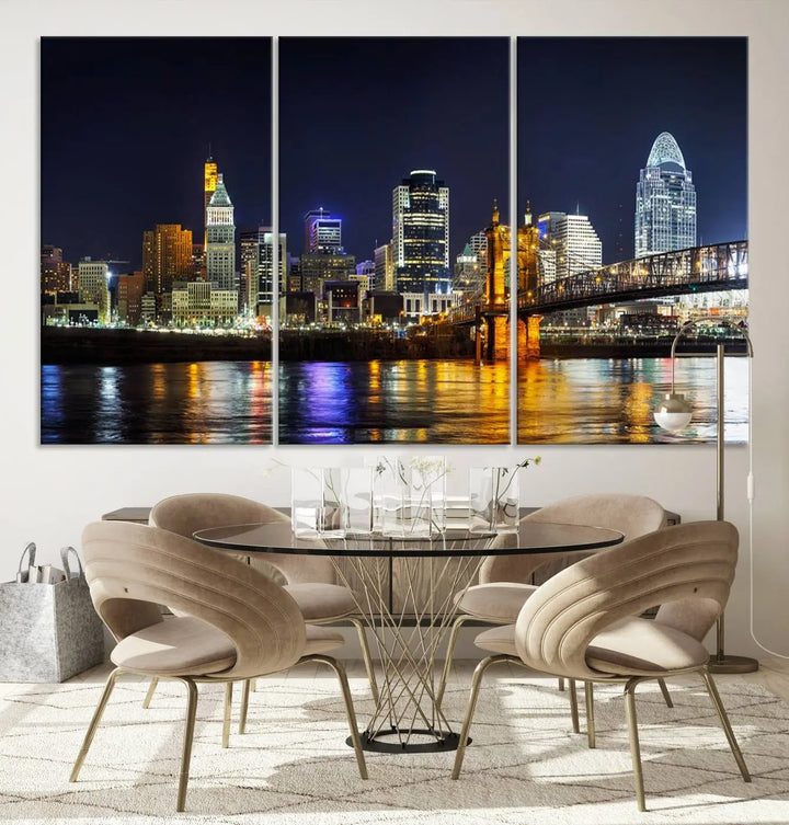 The Cincinnati City Lights Night Skyline Cityscape View Wall Art Canvas Print, crafted on museum-quality canvas with UV-protective coating and ready to hang, adds a touch of sophistication to the wall.