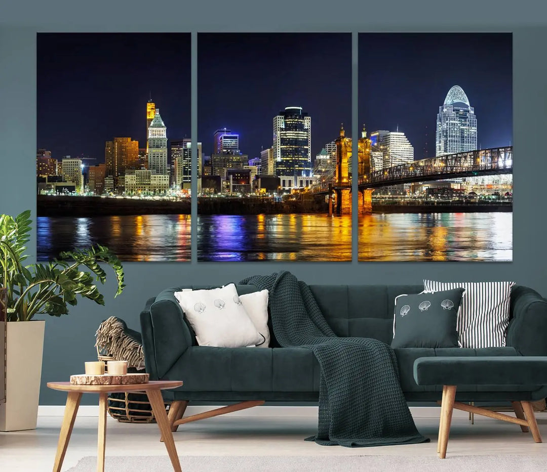 The Cincinnati City Lights Night Skyline Cityscape View Wall Art Canvas Print, crafted on museum-quality canvas with UV-protective coating and ready to hang, adds a touch of sophistication to the wall.