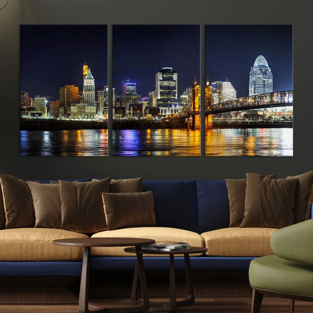 The Cincinnati City Lights Night Skyline Cityscape View Wall Art Canvas Print, crafted on museum-quality canvas with UV-protective coating and ready to hang, adds a touch of sophistication to the wall.