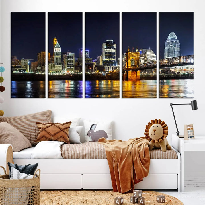 The Cincinnati City Lights Night Skyline Cityscape View Wall Art Canvas Print, crafted on museum-quality canvas with UV-protective coating and ready to hang, adds a touch of sophistication to the wall.