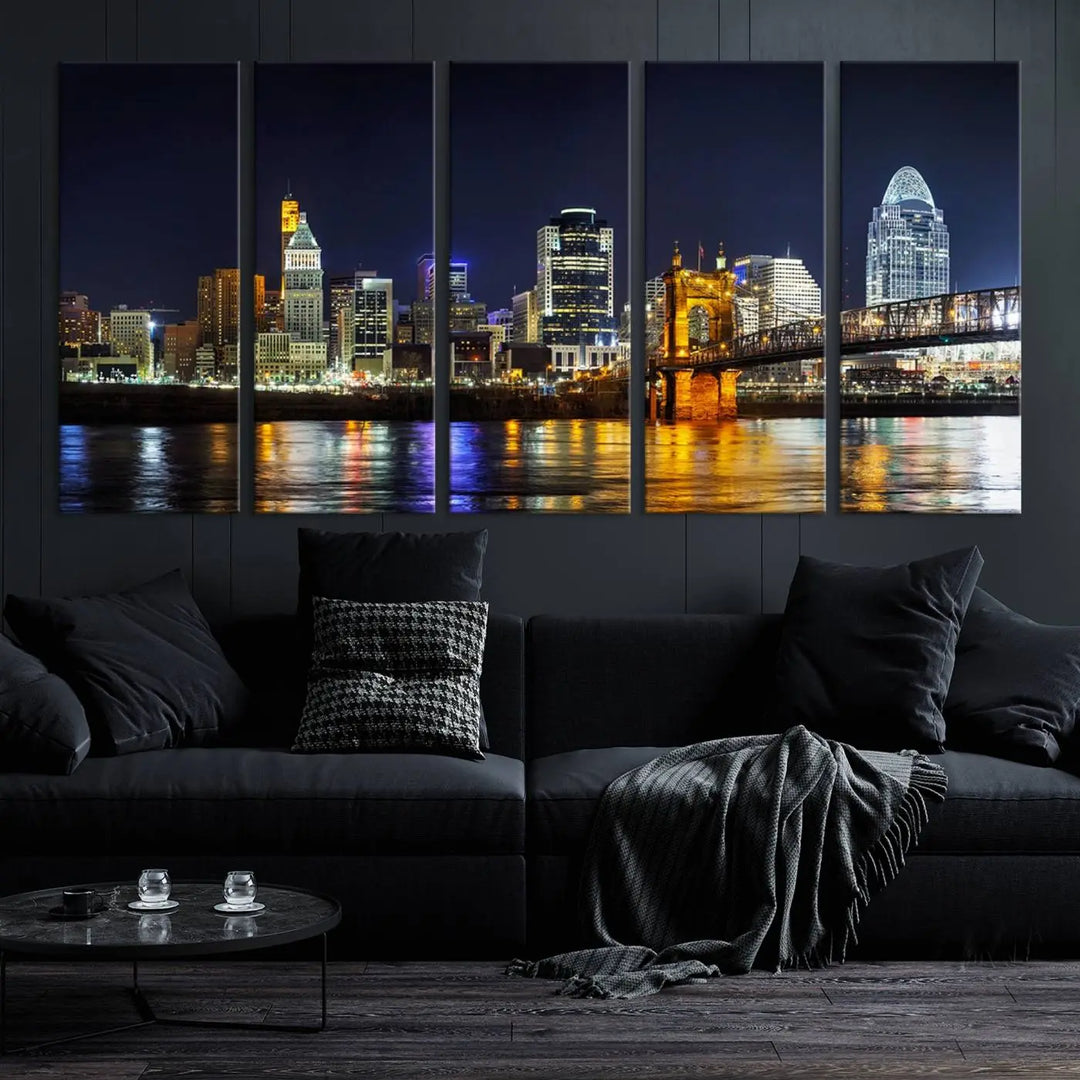 The Cincinnati City Lights Night Skyline Cityscape View Wall Art Canvas Print, crafted on museum-quality canvas with UV-protective coating and ready to hang, adds a touch of sophistication to the wall.