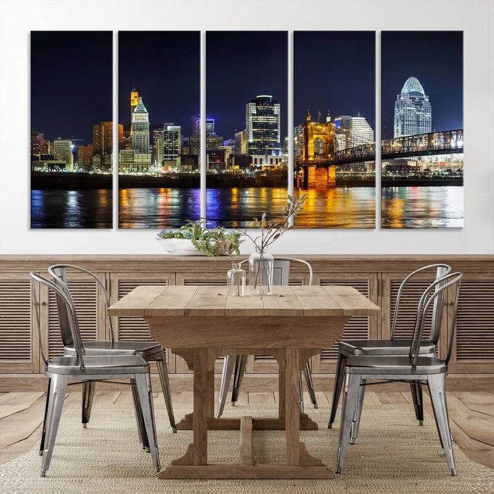 The Cincinnati City Lights Night Skyline Cityscape View Wall Art Canvas Print, crafted on museum-quality canvas with UV-protective coating and ready to hang, adds a touch of sophistication to the wall.