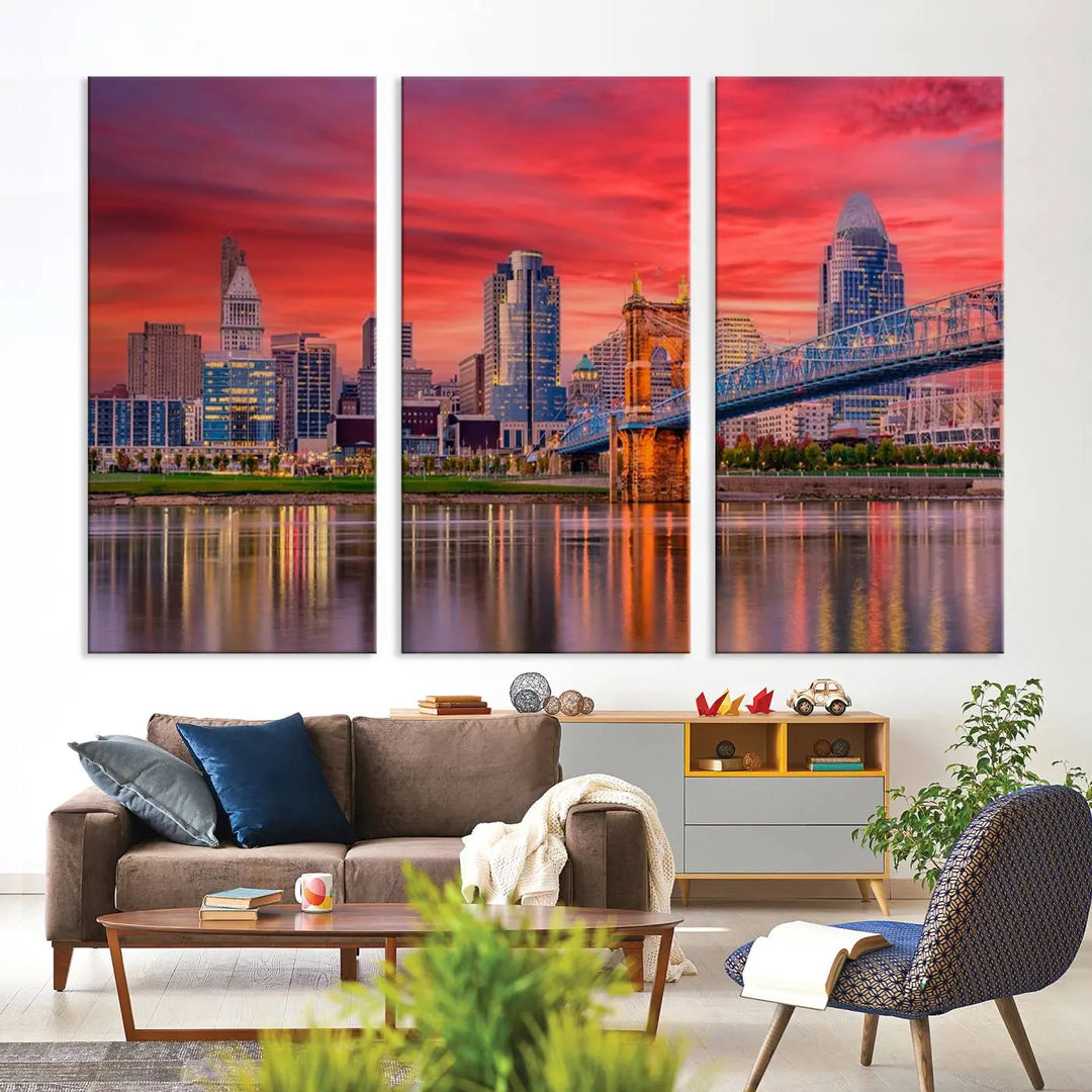 The Cincinnati City Lights Red Sunset Skyline Cityscape View Wall Art Canvas Print is beautifully crafted on museum-quality polycotton canvas with a UV-protective coating, ensuring the artwork is vibrant and ready to hang.