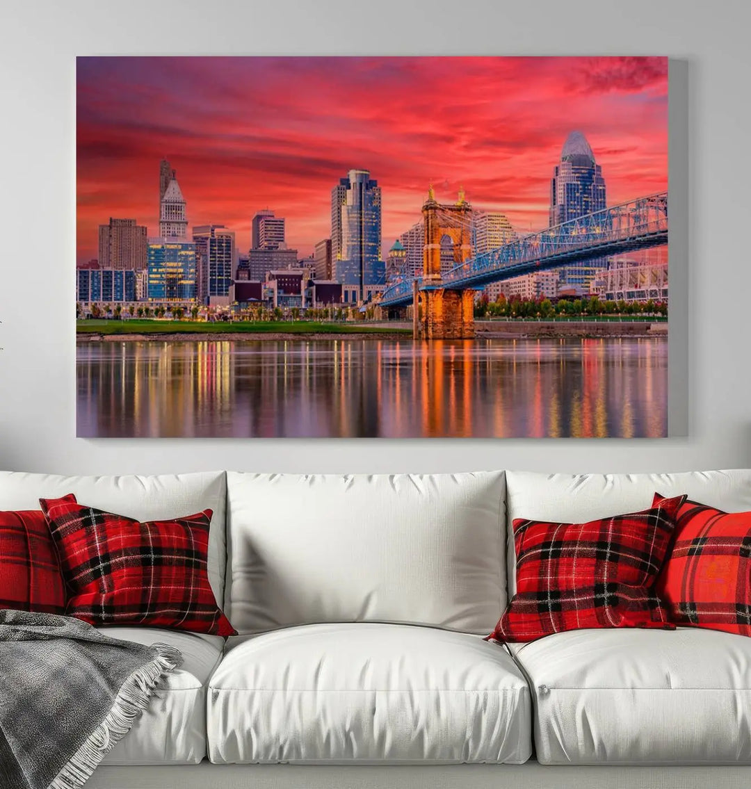 The Cincinnati City Lights Red Sunset Skyline Cityscape View Wall Art Canvas Print is beautifully crafted on museum-quality polycotton canvas with a UV-protective coating, ensuring the artwork is vibrant and ready to hang.