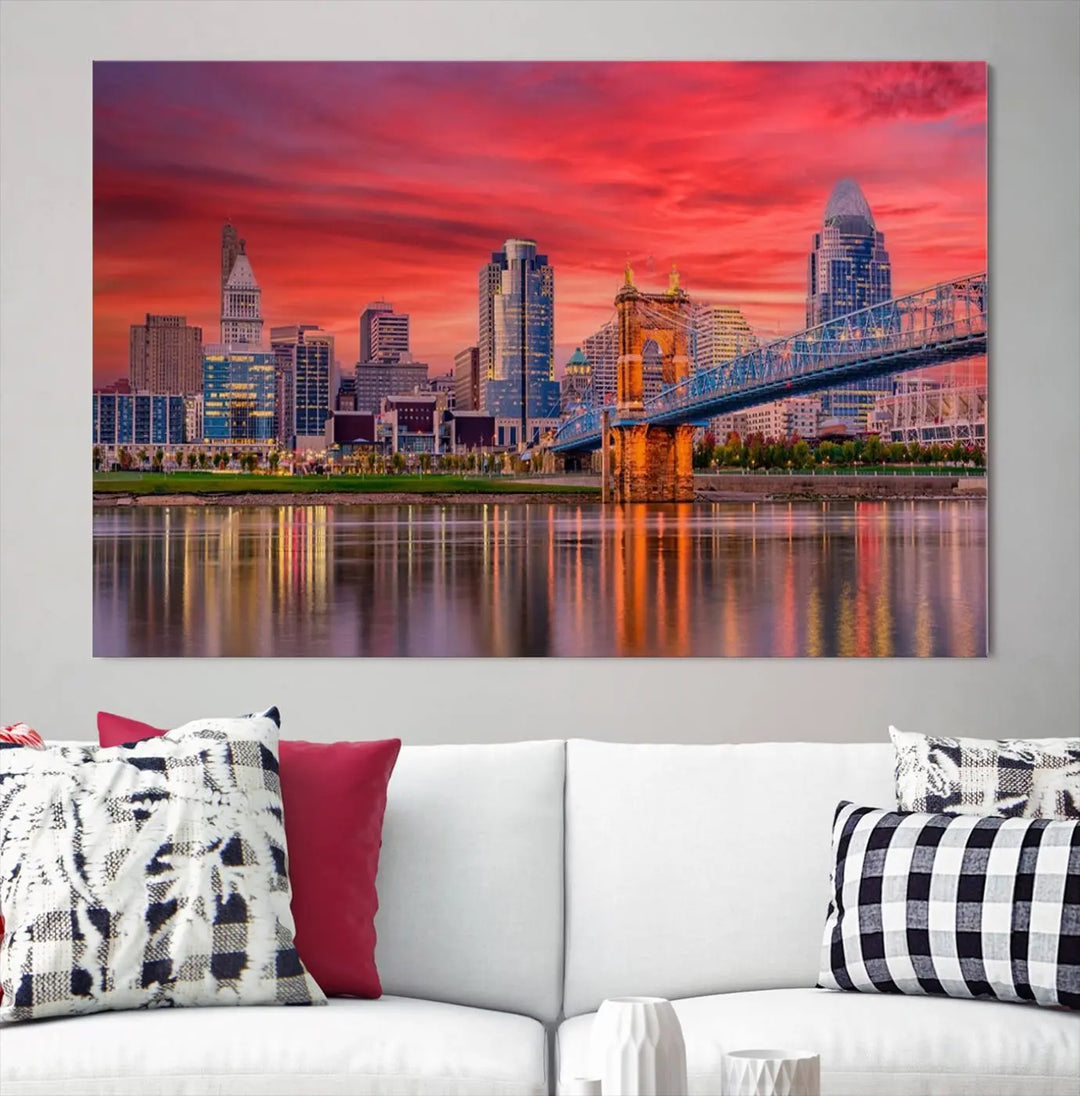 The Cincinnati City Lights Red Sunset Skyline Cityscape View Wall Art Canvas Print is beautifully crafted on museum-quality polycotton canvas with a UV-protective coating, ensuring the artwork is vibrant and ready to hang.