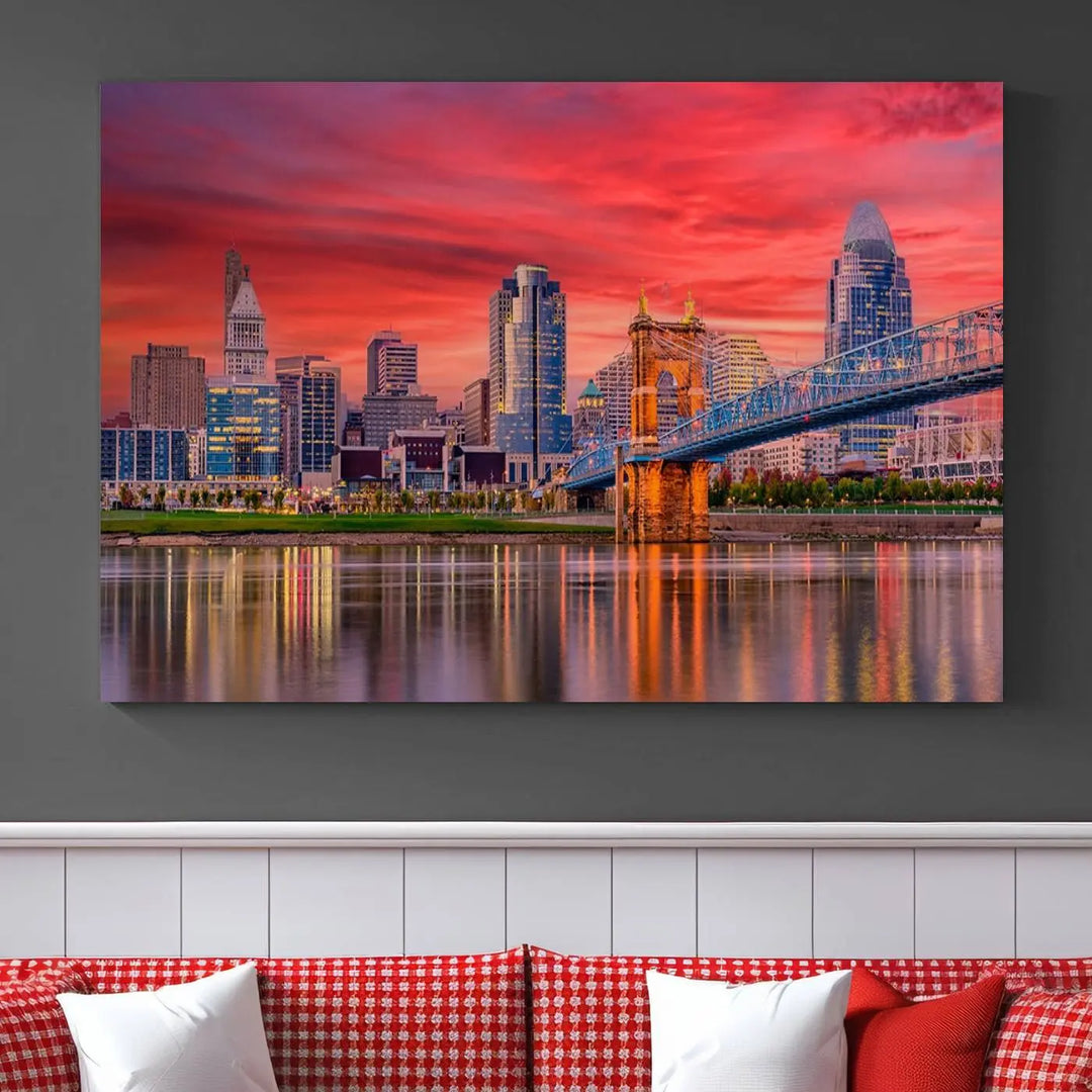 The Cincinnati City Lights Red Sunset Skyline Cityscape View Wall Art Canvas Print is beautifully crafted on museum-quality polycotton canvas with a UV-protective coating, ensuring the artwork is vibrant and ready to hang.